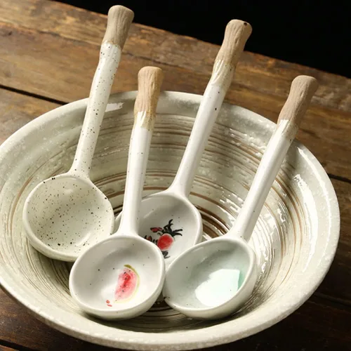 Miniatura 7 de Operitacx Cuchara de cerámica Cucharas retro Azúcar Japonés Fideos Grandes Fideos Coreanos Sopa Postre Asiático Cuchara Fórmula Cucharas Coreana