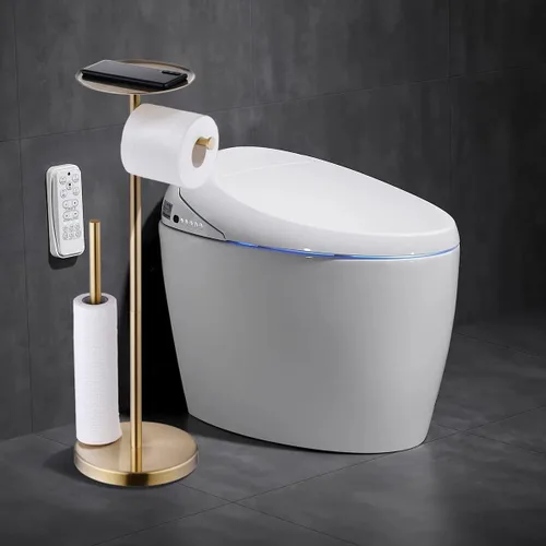 Miniatura 2 de Soporte de rollo de papel higiénico de pie con reserva de almacenamiento, Soporte de papel higiénico dorado cepillado con estante, Soporte de piso