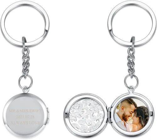 Jovivi Llavero de fotos personalizado a todo color, grabado con texto impreso, acero inoxidable, memoria, medallón, regalo, plateado