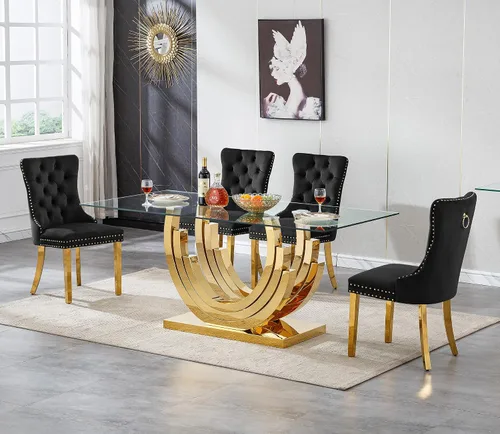 Miniatura 16 de Juego de mesa de comedor de cristal dorado moderno de 70 pulgadas para 4, juego de mesa de comedor rectangular de 5 piezas con tres patas de acero
