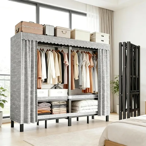 Miniatura 17 de Armario portátil resistente de 49.2 pulgadas, armario plegable con tapa, estantes de metal para organizadores de ropa y almacenamiento