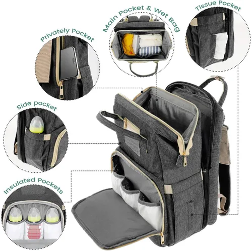 Miniatura 3 de HOTBEST Mochila para pañales, bolsas de pañales, bolsa de artículos esenciales de viaje impermeable multifunción, Negro B, Mochila para pañales