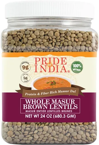 Orgullo de la India - Lentejas Masur marrones enteras de la India, ricas en proteínas y fibra, 1.5 libras de frasco