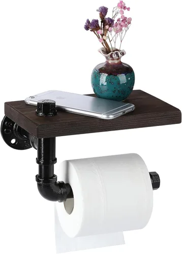 Soporte de papel higiénico con estante, colgador industrial de papel higiénico montado en la pared con estante de madera rústica para baño, baño