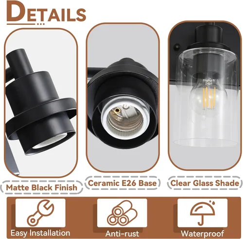 Miniatura 5 de LOUSACE Lámpara de tocador de baño de 3 luces, lámparas de baño negro mate sobre el espejo, iluminación moderna de baño con pantalla de vidrio