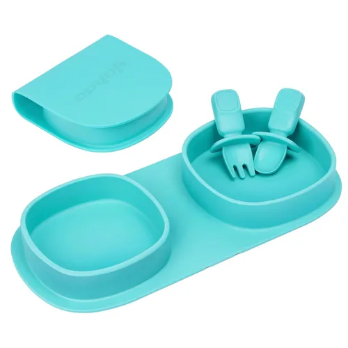 Platos llanos plegables de silicona, platos para bebé, esenciales de viaje con tenedores y cucharas, aptos para microondas y lavavajillas, aguamarina
