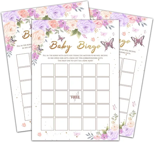 Juegos de baby shower para niñas, juego de bingo de mariposa púrpura para baby shower, decoraciones florales moradas para fiestas de revelación de