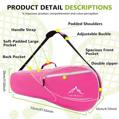 Miniatura 2 de Bolsa de Tenis Himal para 3 Raquetas con Almohadilla Protectora, Bolsa de Raqueta de Tenis para Hombres y Mujeres, Entusiastas del Deporte de Todas