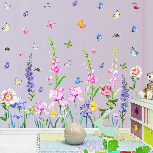 Miniatura 5 de KOKOLAP Adhesivo para ventana de flores de jardín, calcomanías de flores de iris para ventana, calcomanías de vinilo para pared de hojas verdes