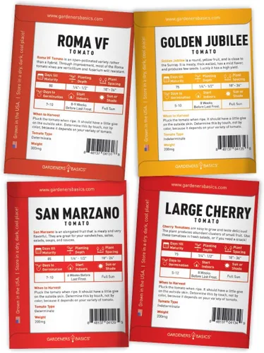 Miniatura 6 de Gardeners Basics, Tomates tradicionales para plantar 8 paquetes variados, San Marzano, Roma VF, cereza grande, Ace 55 VF, pera amarilla, tomatillo