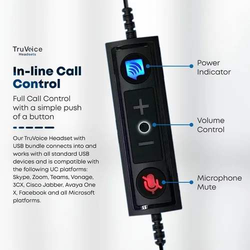Miniatura 4 de TruVoice HD-550 Auriculares USB Premium para la oficina o centro de llamadas. Funciona con todos los sistemas telefónicos VoIP. Micrófono con Oreja