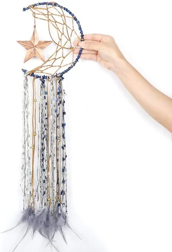 Miniatura 4 de Dremisland Atrapasueños Azul Hecho a Mano Diseño de Media Luna Atrapasueños de Pluma Colgante con Estrella Decoración del Hogar Ornamento Regalo