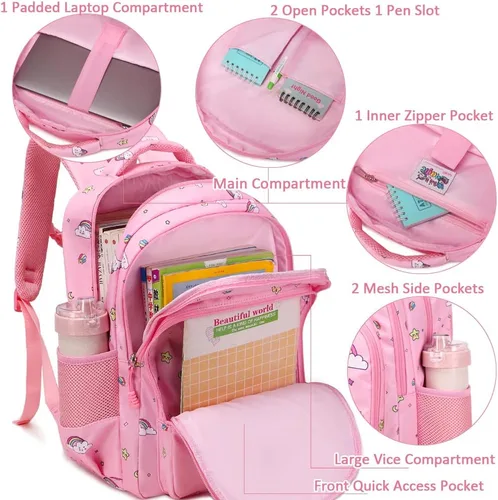 Miniatura 11 de Juego de mochila para niñas y adolescentes, mochila escolar para niños con bolsa para el almuerzo, estuche para lápices, mochilas escolares