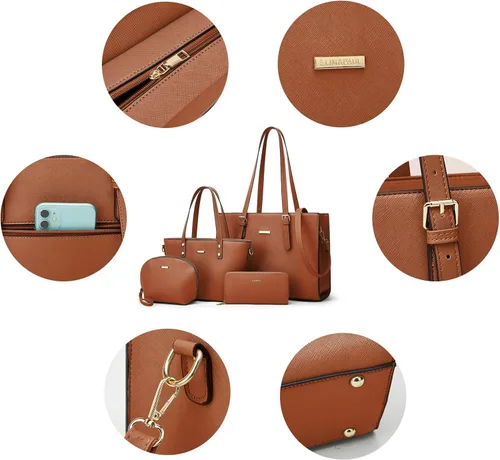Miniatura 184 de Juego de 4 bolsas modernos para mujer de cuero sintético: bolso tote, bolso de hombro, bolso de mano y cartera.