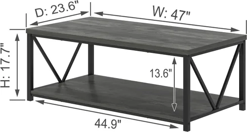 Miniatura 2 de EXCEFUR Mesa auxiliar, mesa de sala de estar de madera rústica y metal, mesa central rectangular industrial con estante de almacenamiento, 47 Gris