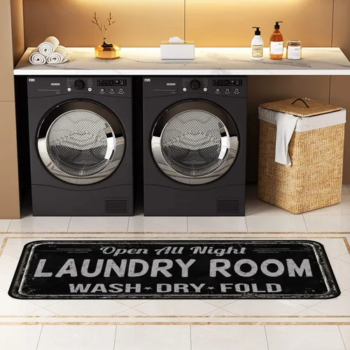 Miniatura 3 de Alfombra rústica para lavandería, antideslizante, lavable a máquina, decoración para cocina, baño, baño, baño, color negro (72 x 24 pulgadas)