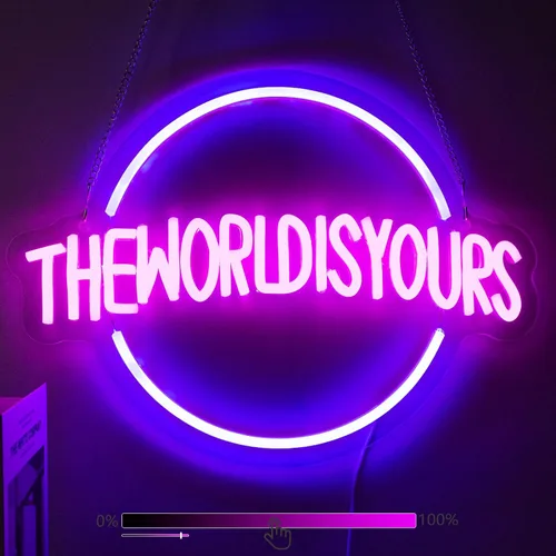 Letrero de neón de The World Is Yours, letreros de neón para decoración de pared, letreros LED azules regulables de neón para dormitorio, letreros