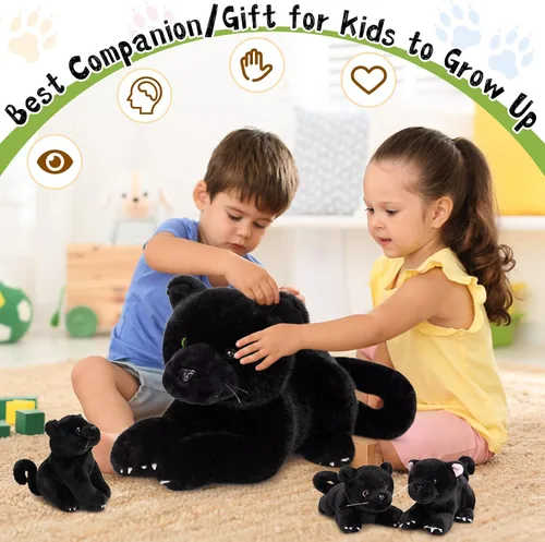 Miniatura 3 de MorisMos Animal de Peluche Pantera Negra con Bebés, 18 pulgadas, Mamá Grande y Bebé Juguetes de Pantera de Peluche para Niños y Niñas, Paquete de 4