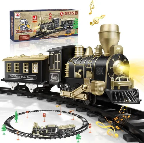 Miniatura 8 de JQ JUQU Juego de tren eléctrico para niños de 3 a 8 años, tren de juguete a pilas con luces y sonidos, 3 autos y 10 pistas para Navidad y juego