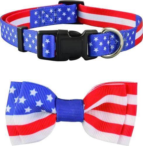 Collar para perro con bandera estadounidense con pajarita, 4 de julio, para perros grandes, medianos y pequeños (tamaño pequeño, bandera