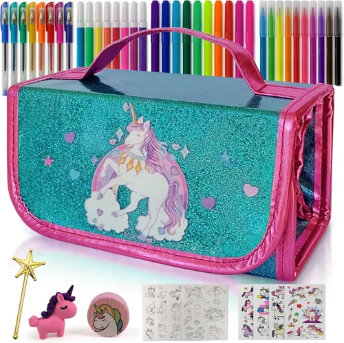 Estuche de lápices de unicornio para niños con marcadores perfumados de frutas, regalos de unicornio para niñas, suministros de arte para niños,