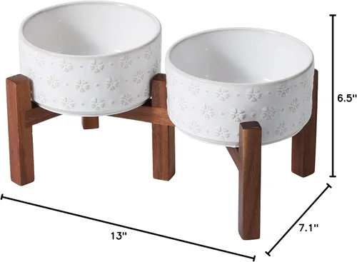 Miniatura 7 de Havniva Cuenco elevado de cerámica para perros de 6.1 pulgadas con soporte antideslizante (madera de acacia), dos opciones de altura, cuenco