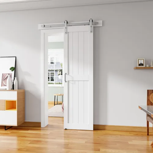 Miniatura 17 de Puerta corredera de granero de 36 x 80 pulgadas con kit de herrajes para puerta de granero de 6.6 pies, mango y guías de suelo, agujeros Blanco
