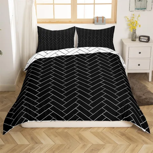 Miniatura 4 de Juego de funda de edredón geométrica negra Twin XL, juego de ropa de cama a rayas negras y blancas, moderno, suave, de lujo, de microfibra