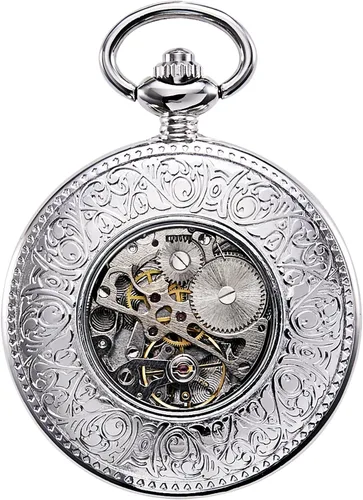 Miniatura 3 de Reloj de bolsillo mecánico antiguo para hombre y mujer, esqueleto plateado, tren de vapor, ferrocarril, números romanos, plateado, Mecánico