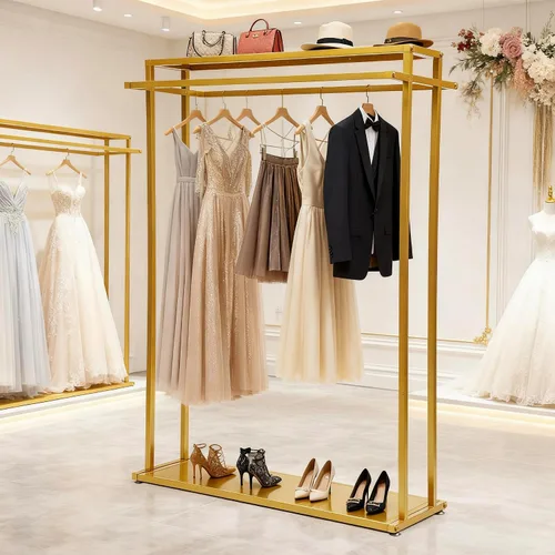 Miniatura 13 de Estante de ropa de 71 pulgadas con estantes, estante para vestidos de boda, estante de exhibición de ropa al por menor, resistente comercial
