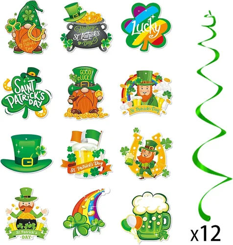 Miniatura 2 de Decoraciones de fiesta del día de San Patricio, guirnalda de serpentinas - 12 piezas de pancarta verde decoración de trébol Gonme sombrero colgante