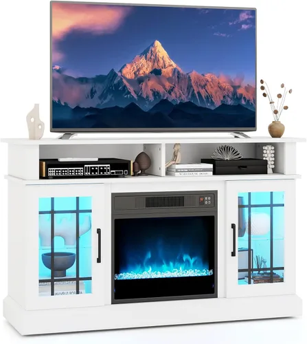 Miniatura 15 de Tangkula - Soporte de TV de esquina con chimenea y luces LED y control inteligente por APP para TV de 50 pulgadas, centro de entretenimiento con Gris