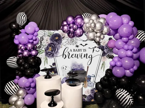 Miniatura 4 de Mocsicka Telón de fondo de Halloween para baby shower con texto en inglés "A Baby is Brewing Baby Shower Party Decoartion Ataúd Ataúd Vampiro