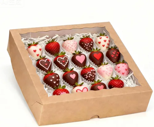 TEMLQPACK 6 piezas cajas de panadería marrones de 10 x 10 x 2.5 pulgadas con ventana, tartas, galletas, fresas cubiertas de chocolate, corazón