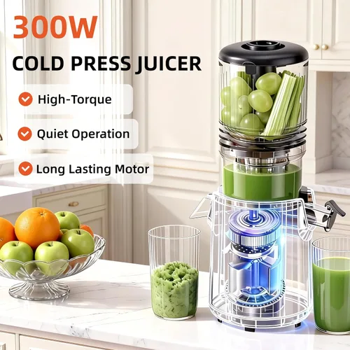 Miniatura 5 de Exprimidor de prensado en frío, 5.3 pulgadas, gran conducto de alimentación exprimidor lento para frutas y verduras enteras, fácil de limpiar