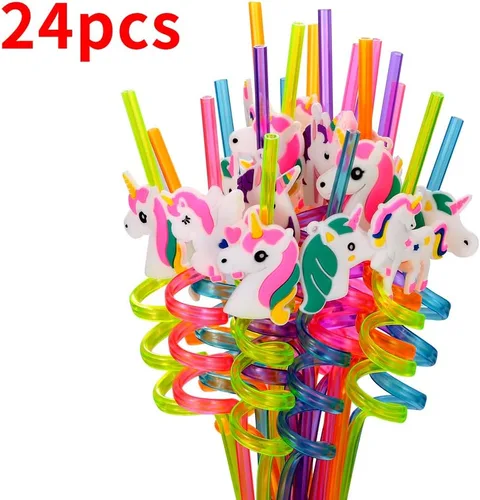 Miniatura 4 de 24 pajitas de plástico reutilizables de unicornio + 6 tatuajes temporales para niñas Suministros para fiesta de cumpleaños – Decoraciones