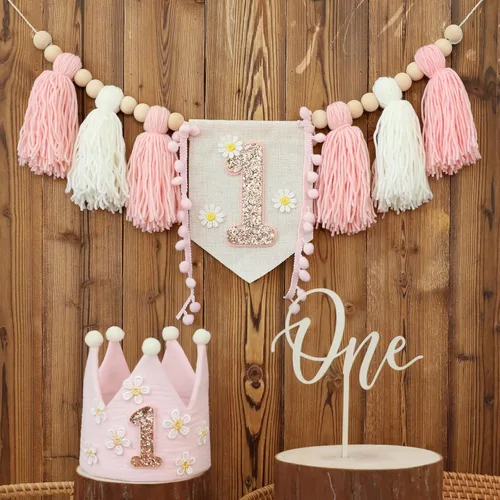 Banner de Silla Alta con Margaritas Bohemias Primer Cumpleaños Niña Para Decoraciones de Primera Fiesta Conjunto Con Adorno de Pastel Hecho a Mano
