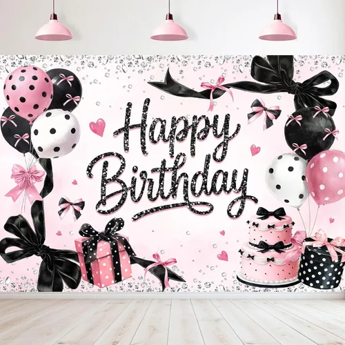 Telón de fondo de feliz cumpleaños negro y rosa de 7 pulgadas de ancho x 5 pies de alto, tela de poliéster, globos de lazo femenino, pastel de