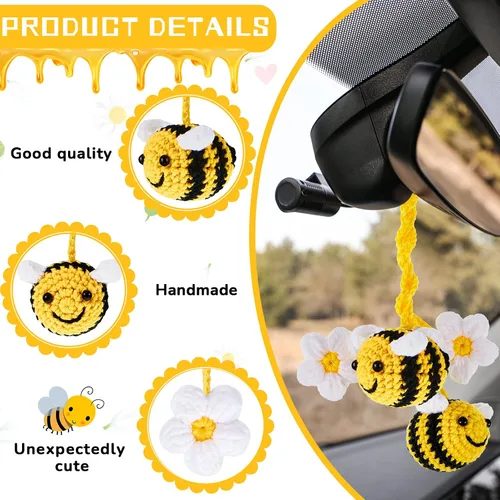Miniatura 3 de 4 piezas de lindos accesorios para espejo retrovisor de abeja y flor, decoración de coche de ganchillo, accesorios para espejo de coche tejidos a
