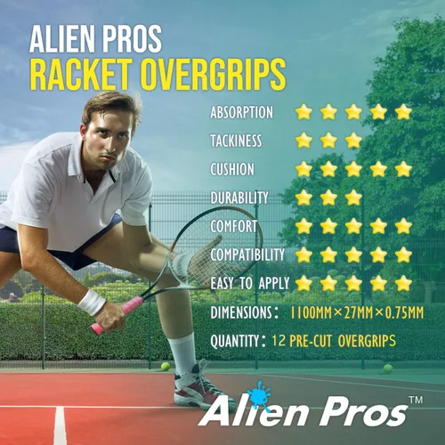 Miniatura 6 de Alien Pros - Cinta de agarre para raqueta de tenis (6, 12 o 60 agarres), agarre de tenis precortado y con sensación seca, cinta de agarre