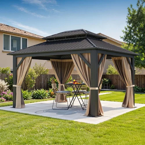 Miniatura 9 de DWVO Gazebo de techo rígido de 10 x 10 pies, techo doble con redes y cortinas, techo de rayas verticales de acero galvanizado resistente para patio
