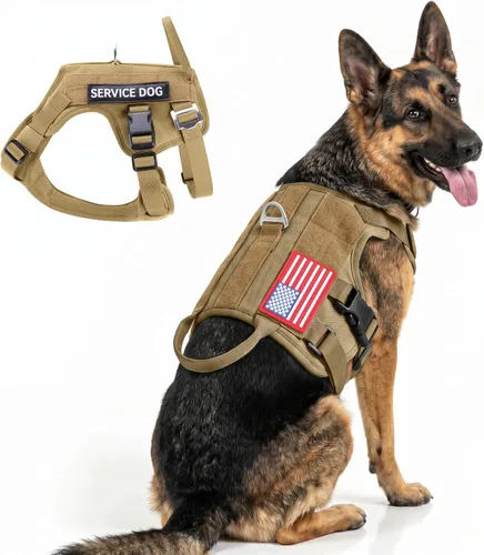 FAYOGOO - Arnés táctico para perros grandes - Arnés de perro resistente a fugas con asa - Chaleco de perro de servicio militar sin tirones con Marrón