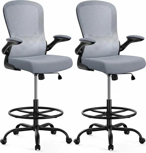 Miniatura 24 de ErGear Silla de dibujo, silla de escritorio de pie con reposabrazos abatibles, silla de escritorio alta altura ajustable, silla de oficina alta Negro