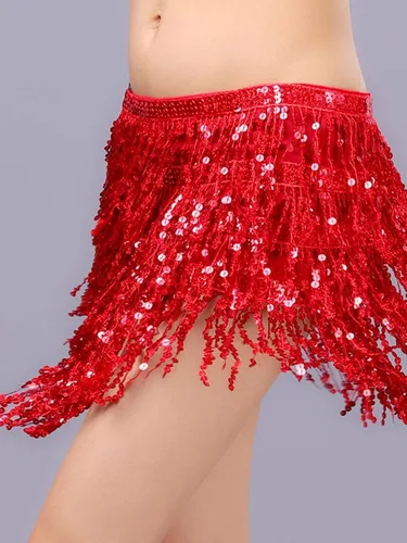 Miniatura 4 de OYOANGLE Women's Dance Skirt Sequin Tassel Multilayer Hip Scarf Adjustable Boho Style Belly Dance Skirts