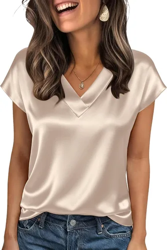 Miniatura 9 de Zeagoo - Camisetas de mujer de satén de seda, tops de manga corta con cuello en V, blusas para negocios y conjuntos casuales, talla S-2XL