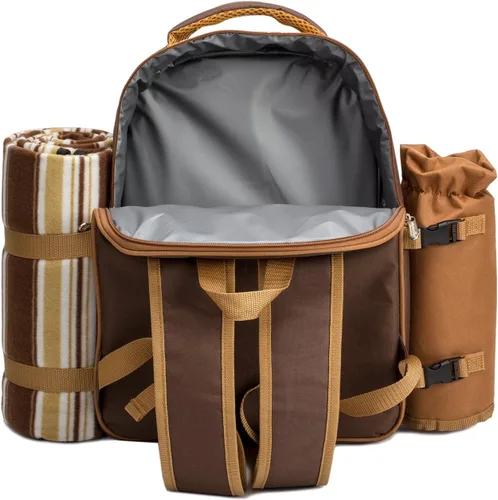 Miniatura 6 de apollo walker Mochila de picnic para 2 personas con compartimento refrigerador, soporte desmontable para botellas/vino, manta de forro polar, platos