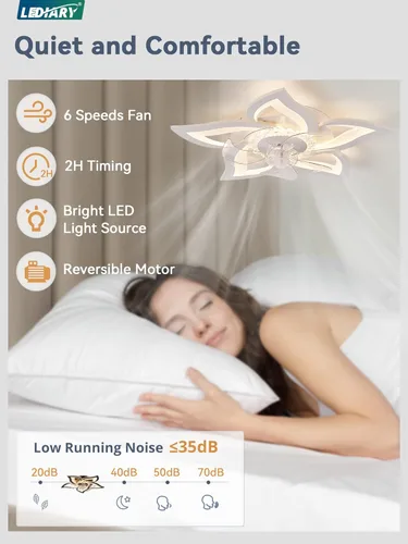 Miniatura 3 de LEDIARY Ventiladores de Techo con Flores y Luces, Ventilador de Techo Moderno Pequeño de Perfil Bajo de 27 Pulgadas, Lámpara de Techo LED Regulable
