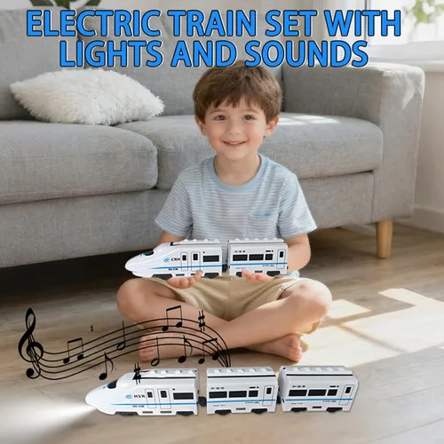 Miniatura 5 de OTONOPI Juego de tren de juguete, paquete de 5 tren eléctrico bala con luz y sonido, motor de locomotora de metro a pilas con gancho, juguete