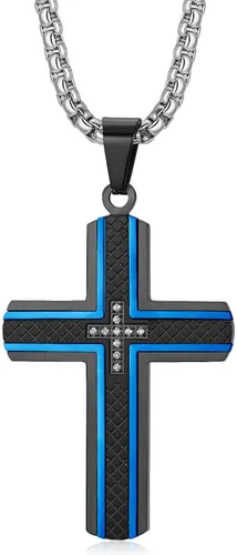 Holizaly Collar de cruz para hombre, colgante de acero inoxidable 316L, color blanco, dorado, negro, azul, caja de regalo incluida