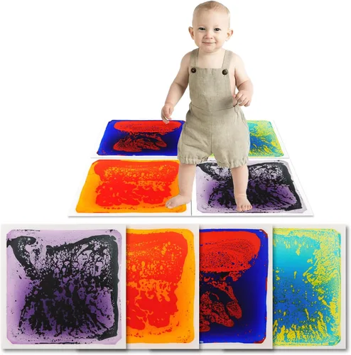 Art3d Alfombrillas de agua sensoriales para bebés para niños autistas (11.8"x11.8" cuadradas, 4 alfombrillas, azul-rojo, azul-amarillo,
